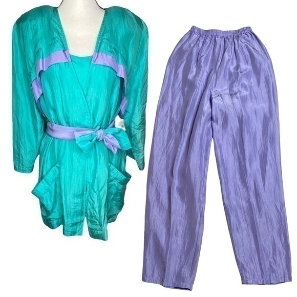 Stewart Sport Pants - Stewart Sport Outfit Set Aqua and Lavender Silk 4 Piece Size XS Vintage 80s